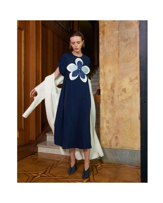 Julia Allert Blue Silky Touch Midi Dark Dress With Handmade Floral Appliqué