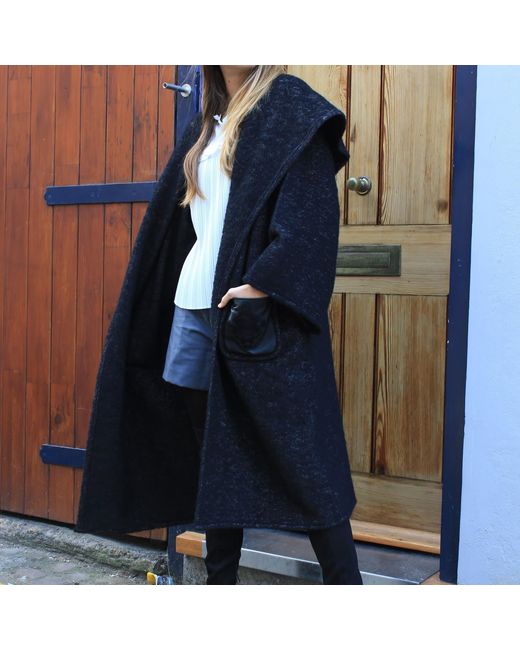 Boutique Kaotique Black Moroccan Oversized Wool Coat With Embroidered Pockets