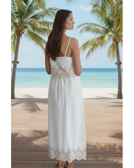 La Mandarine White Embroidered Summer Maxi Dress With Pockets Elena