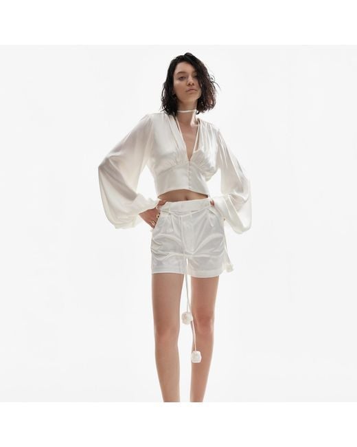 Lita Couture White Ample-Sleeve Satin Top