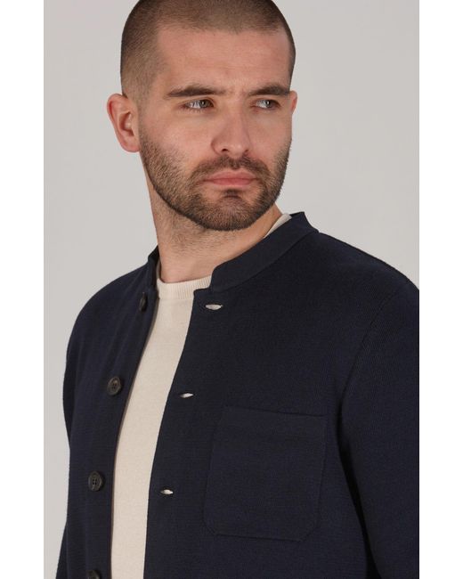 Paul James Knitwear Blue Midweight Cotton Jaipur Knitted Nehru Jacket for men
