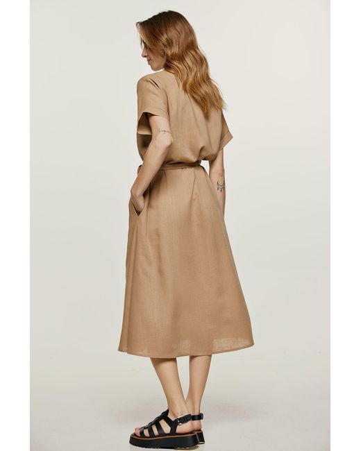 Conquista Natural Linen Style Belted Midi Dress