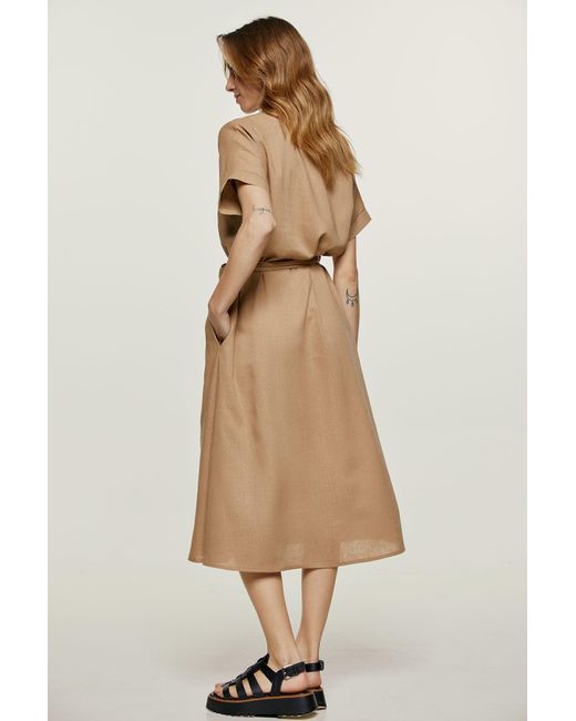 Conquista Natural Linen Style Belted Midi Dress