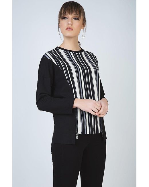 Conquista Black Striped Long Sleeve Zip Detail Top