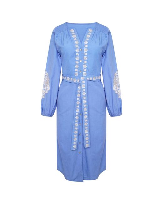 LAtelier London Blue Embroidered Midi Shirt Dress