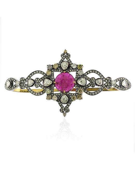 Artisan Green 18k Gold & 925 Silver With Carved Ruby And Uncut Diamond Classic Palm Bracelet
