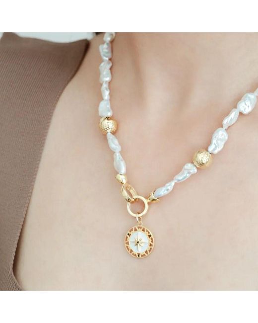 LINYA JEWELLERY Metallic Pole Star Locket Pearl Necklace
