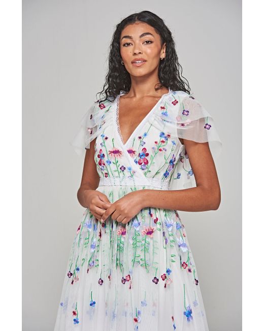 Frock and Frill Gray Suzette Floral Embroidered Midi Dress