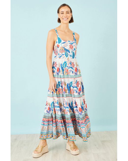 Yumi' Blue Boho Block Print Tiered Maxi Dress