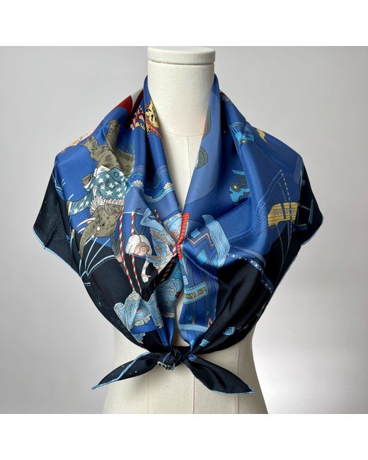Wenzi Blue Carnival Wonderland Hand Painted Pattern Double Sided Silk Twill Scarf