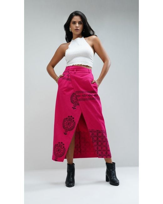 Nesavaali Pink Wrap Over Printed Maxi Skirt