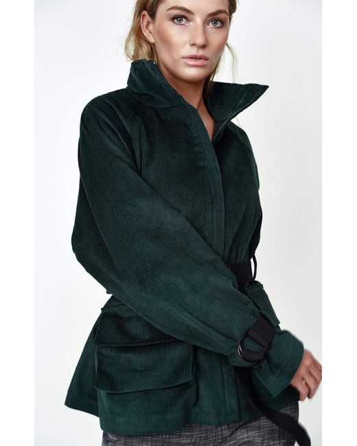 Gunda Hafner Ltd Green Cotton Corduroy Funnel Neck Jacket With Belt