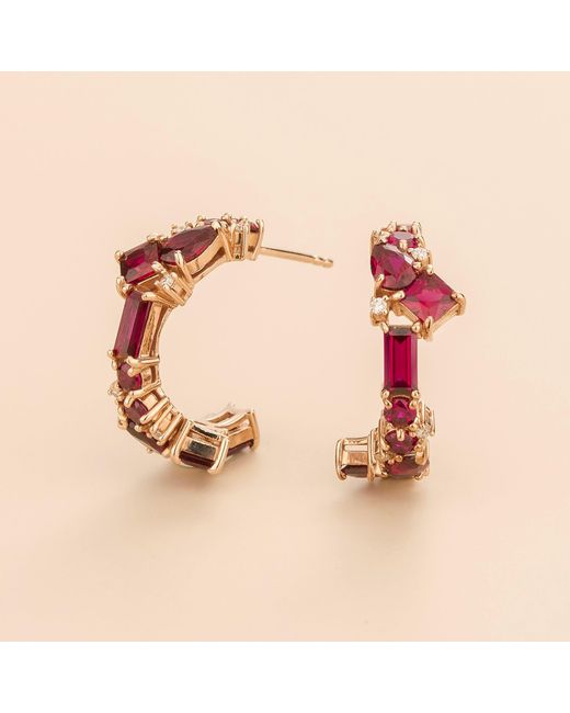 Juvetti Pink Rose Ruby & Diamond Medium Hoop Lanna Rose Earrings
