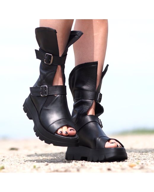 Adrenaline Fashion Blue Designer Summer Boots – Genuine Leather, Open Toe, Chunky Sole With Buckle Straps
