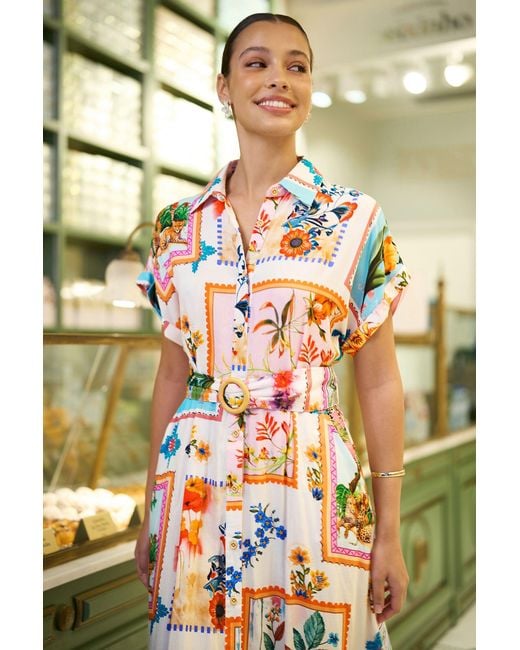 Yumi' Metallic Neutrals Ivory Tropical Postcard Print Relaxed Midi Shirt Dress