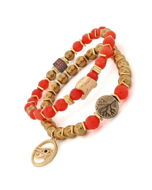 Ebru Jewelry Brown Carnelian Stone Beaded Ra & Elephant Charm Bracelet Set