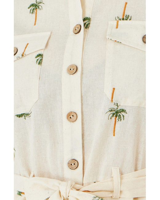 Yumi' Natural Embroidered Palm Print Cotton Playsuit