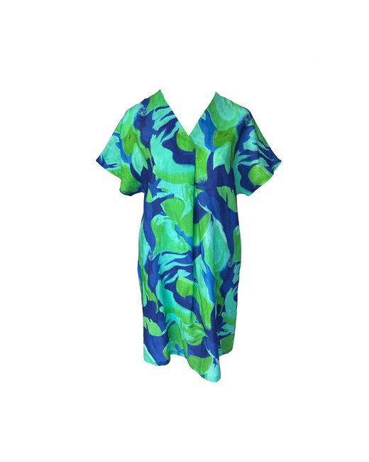 Haris Cotton Blue Printed Linen Notched Neckline Dress With Batwing Sleeve Lagoon