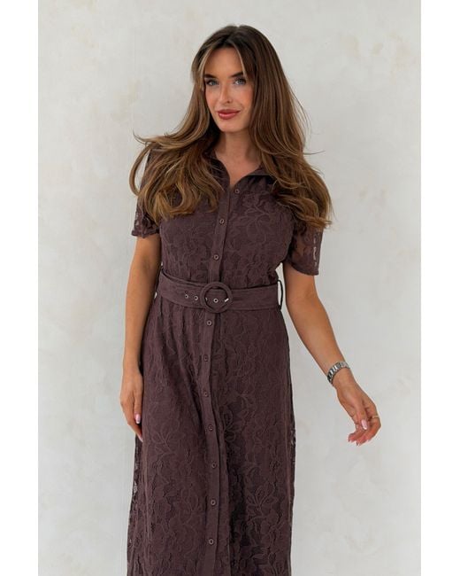 Girl In Mind Brown Tansy Short Sleeve Lace Shirt Dress