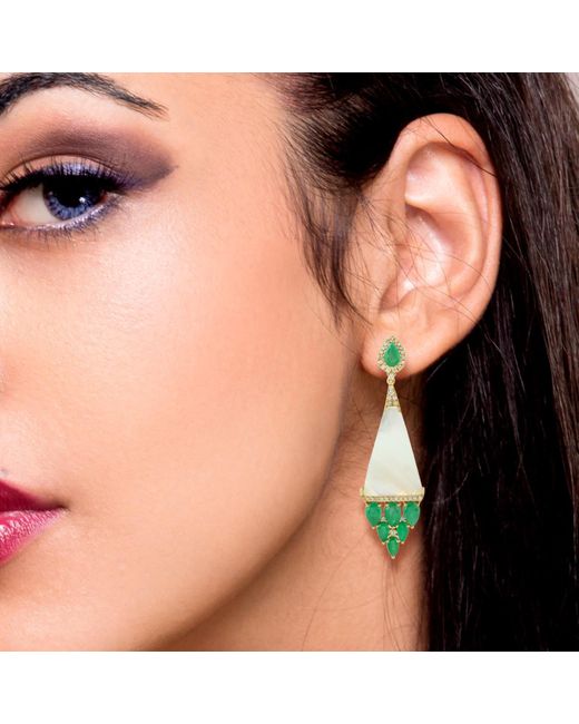 Artisan Green Mother Of Pearl Emerald Dangle Earrings Yellow Gold Diamond Gemstone Jewelry