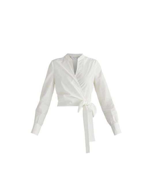 Paisie White Split Collarless Wrap Top With Side-Tie Waist