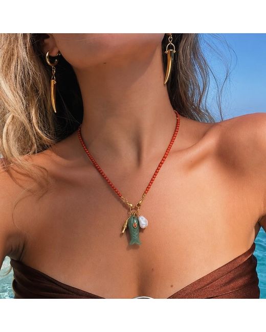 Ormiro Metallic Happy Fish Carnelian & Aventurine Beaded Necklace