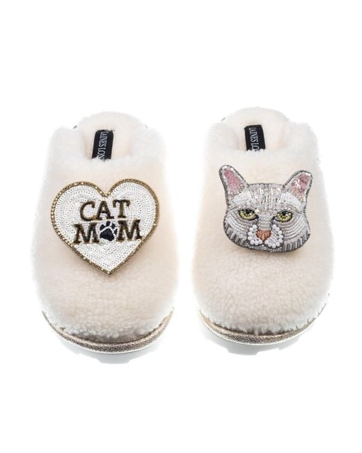Laines London Metallic Teddy Closed Toe Slippers With Lily The Domestic Shorthair Cat & Cat Mum Mom Brooches