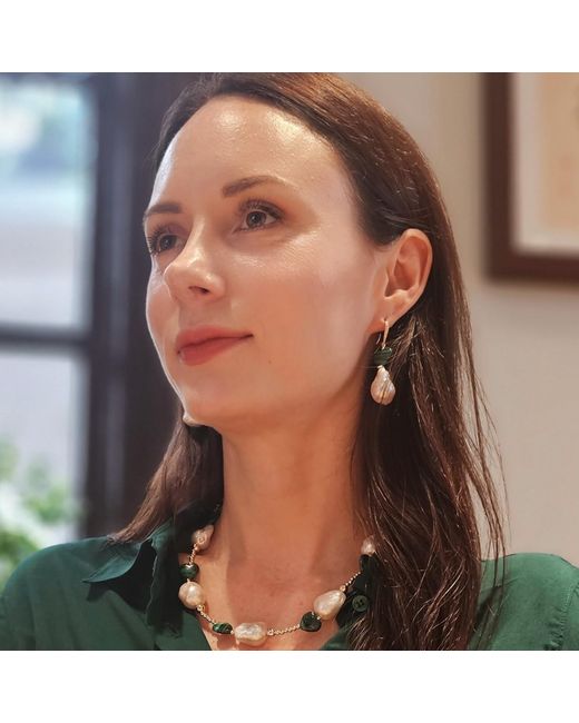 Farra Green Natural Baroque Pearls With Heart Malachite Earrings