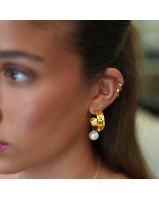 Ebru Jewelry Metallic Pearl Drop Gold Hoop Earrings