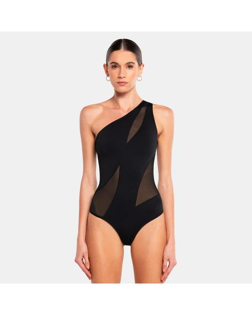 OW Collection Black Curve One Shoulder Mesh Bodysuit