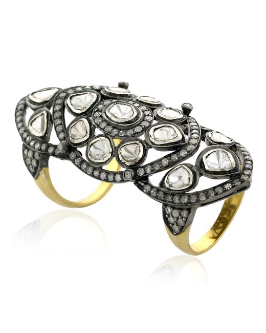 Artisan Multicolor Uncut & Rose Cut Diamond In 18k Gold & Sterling Silver Knuckle Long Ring