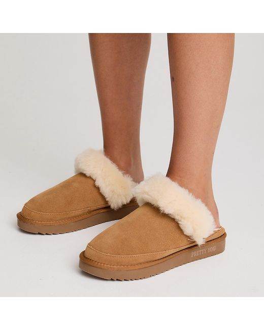 Pretty You London Brown Neutrals Hallie Sheepskin Multiway Slippers