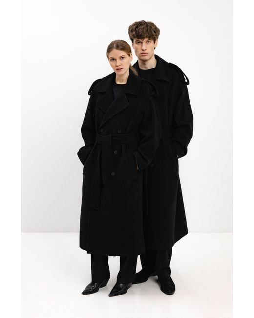 InAvati Black Long Double-Breasted Wool Coat
