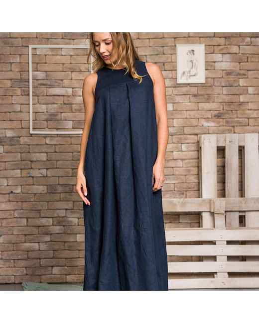 Nikka Place Blue Linen Loose Maxi Dress With Pockets