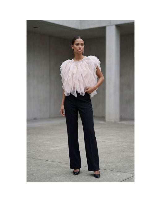 Modenaire Pink Sheer Tulle Blouse With Cascading Ruffles