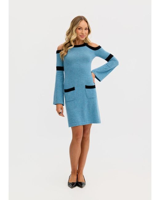 Why Mary Blue Serena Wool Knit Long Sleeve Cold Shoulder Dress