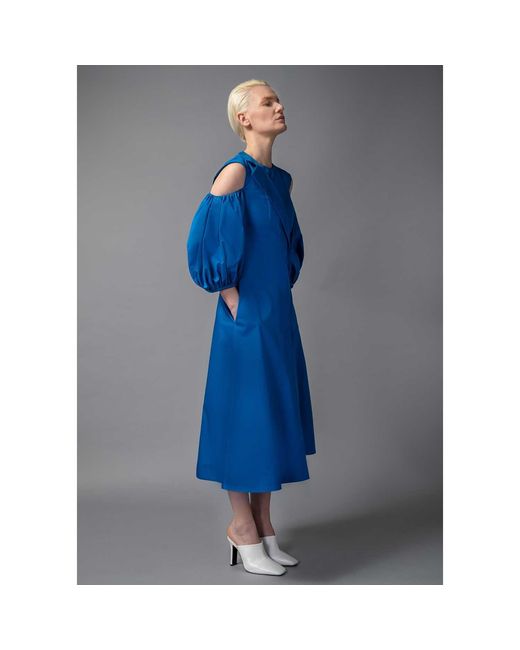 Femponiq Blue Asymmetric Lapel A-Line Cotton Dress