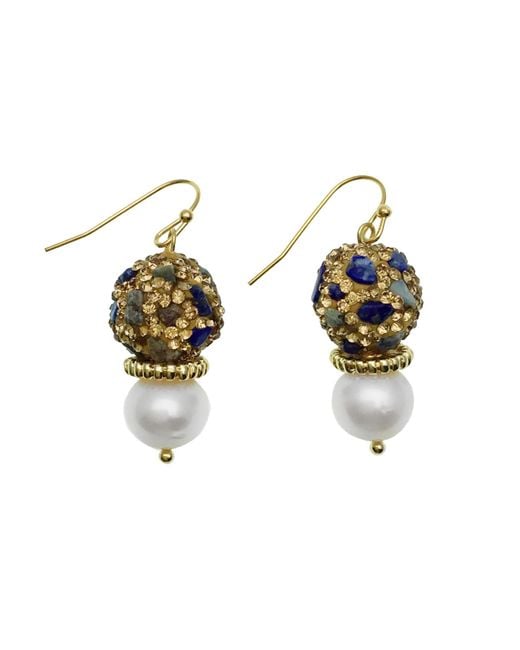 Farra Green Rhinestones Bordered Lapis With Freshwater Pearl Earrings