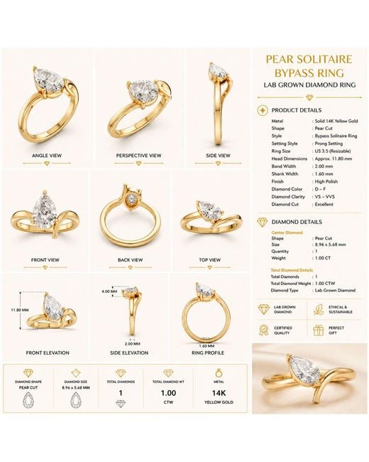 Aya Fine Jewelry Metallic 1 Carat Pear Lab Grown Diamond Bypass Solitaire Engagement Ring