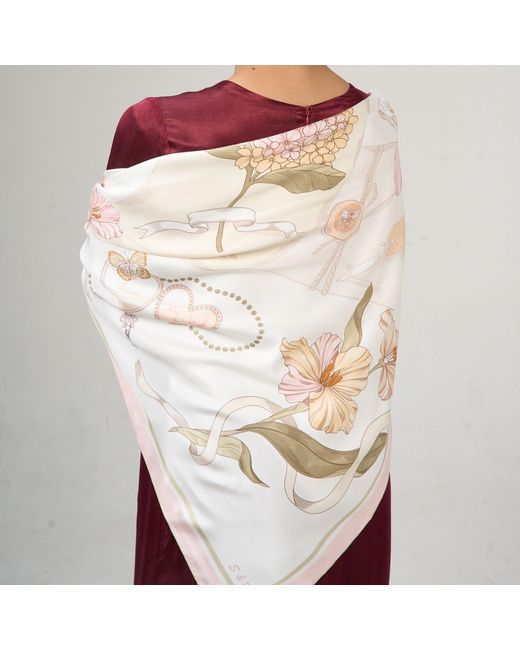 Silk and Bears Metallic Neutrals Illustrated Floral Twill Silk Scarf With Hand-Rolled Edges – Ivory for men