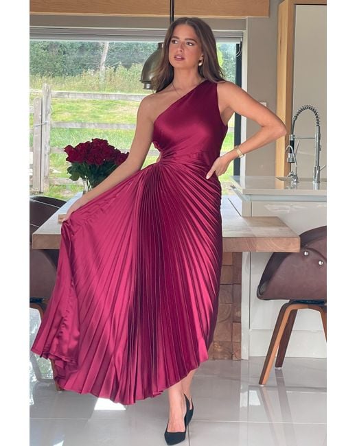Girl In Mind Pink Aoife One Shoulder Pleated Midi Dress Berry
