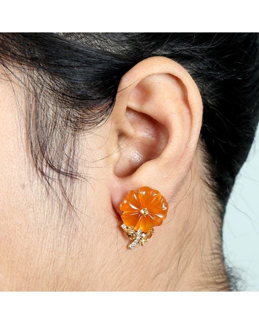 Artisan Orange 18k Gold In Mix Stone & Pear Citrine With Pave Diamond Loviver Flower Stud Earring
