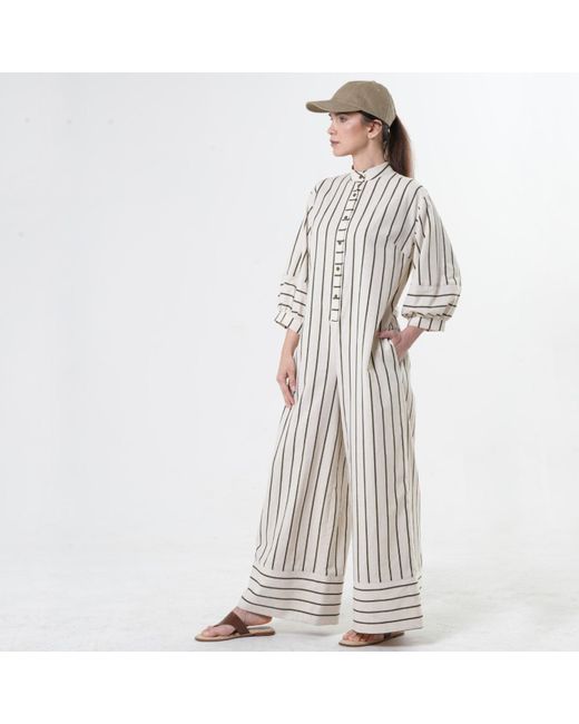 Metamorph White Maxi Jumpsuit On Khaki Stripes