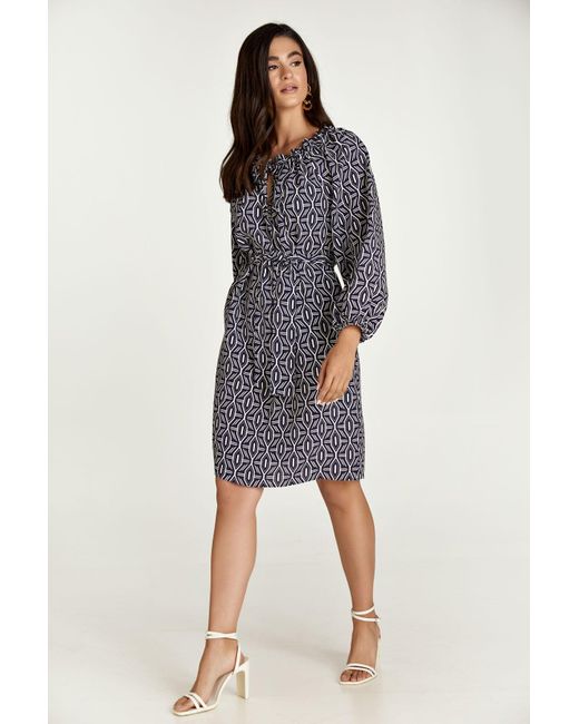 Conquista Blue Belted Print Dress With Pockets