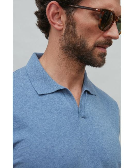Paul James Knitwear Blue Ultra Fine Cotton Nathan Buttonless Polo Shirt for men