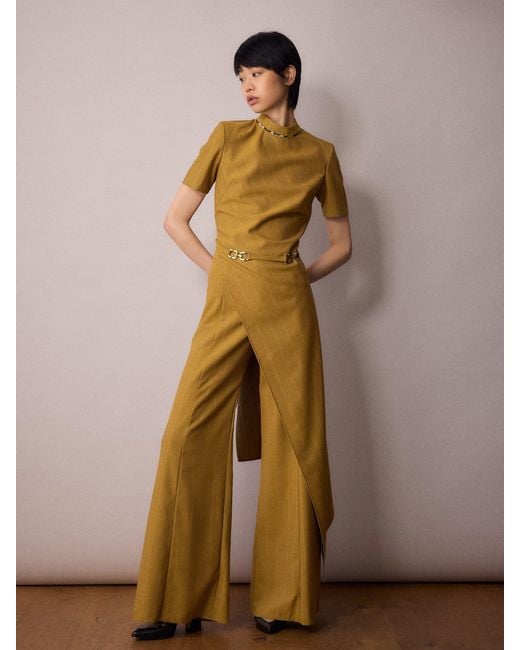 Amanda Thompson Couture Metallic Tilda Asymmetric Top/ Mustard Pinstripe