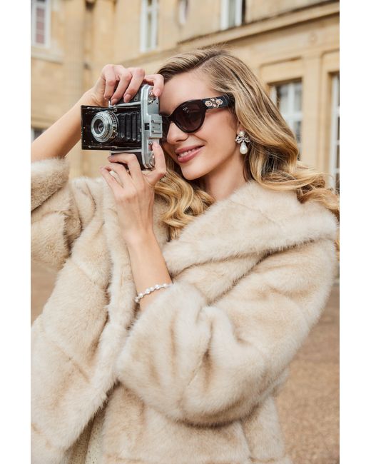 Santinni Natural Satin-Lined Faux Fur Cropped Brooch Coat