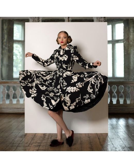 RainSisters Hooded Black And White Waterproof Women's Coat With Floral Print: Blooming Night