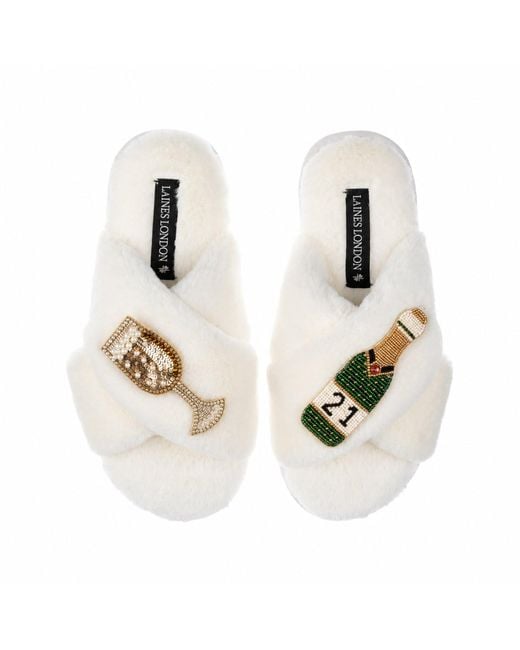Laines London White Neutrals Classic Laines Slippers With Champagne & Glass 21St Birthday Brooches