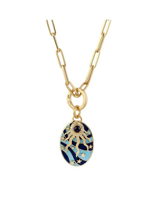 Artisan Metallic Natural Blue Sapphire Handmade Pendant 14k Yellow Gold Diamond